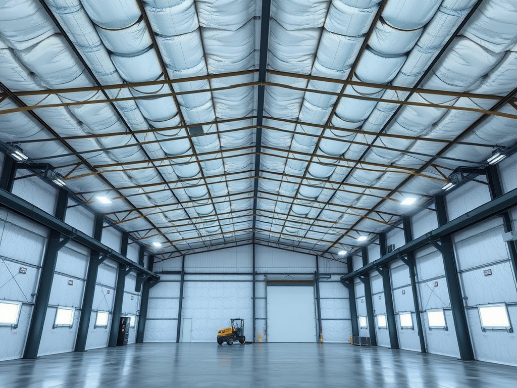 Commercial building interior with spray foam insulation applied to the roof deck