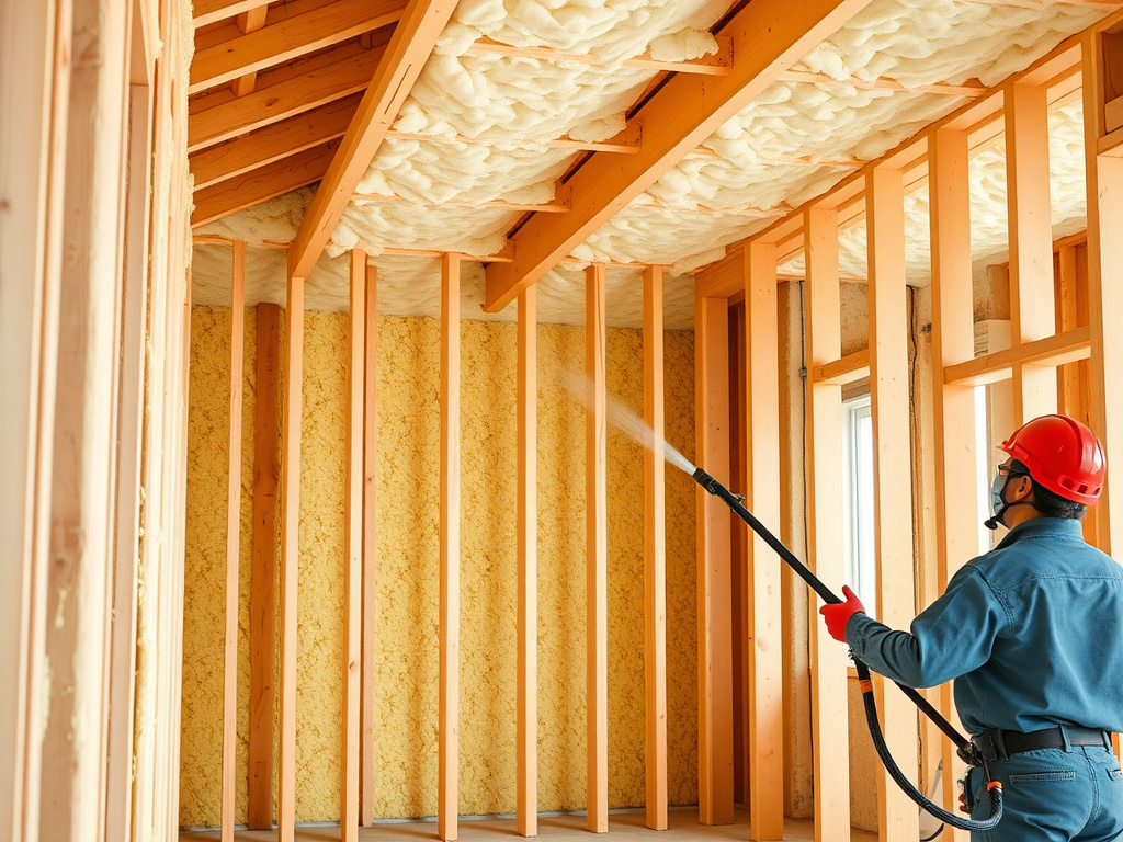Spray foam insulation being applied inside a new-construction home during framing
