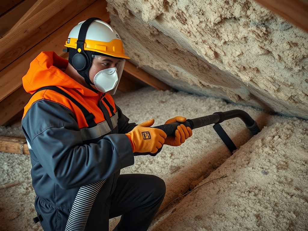 Technician removing old degraded insulation from an attic space